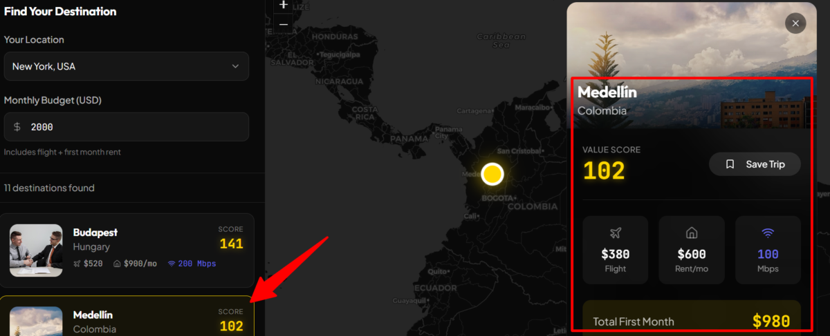 A destination card on an app generated with Emergent.