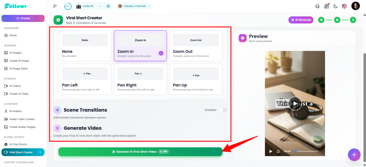 Adding scene animations and transitions to a short video being generated with Followr.