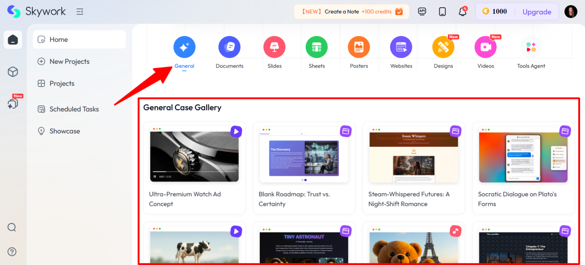 The general template gallery when selecting the General AI agent in Skywork.