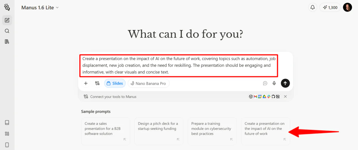 Criação de uma apresentação sobre o impacto da IA ​​no futuro do trabalho com a Manus AI.