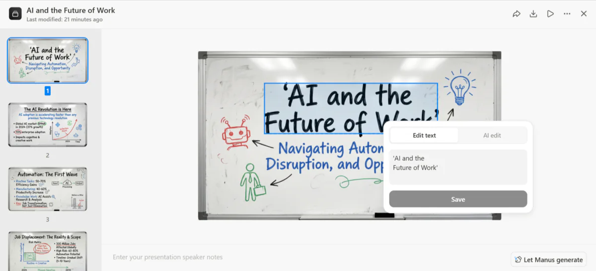 Edição de texto em uma apresentação gerada com Manus AI.