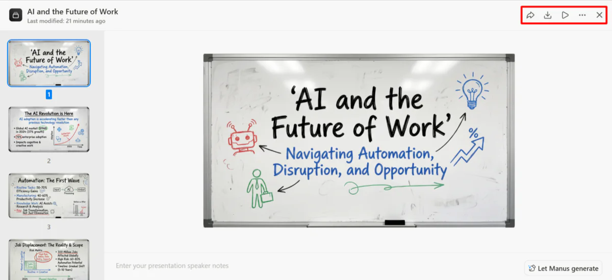 Opções ao visualizar a apresentação de slides gerada no Manus.