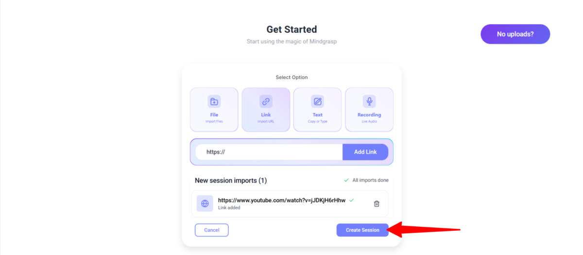 Creating a session with Mindgrasp from an uploaded YouTube link.