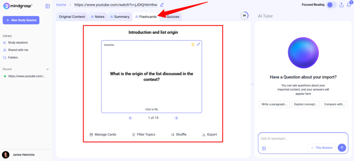 Exploring the AI flashcards in Mindgrasp.