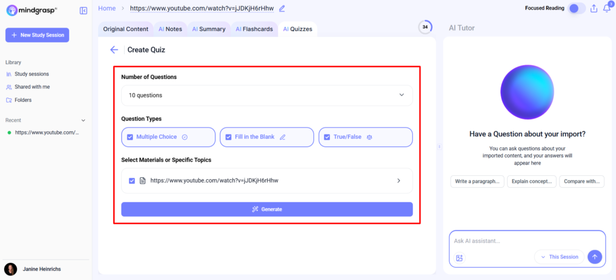 Creating a quiz in Mindgrasp.