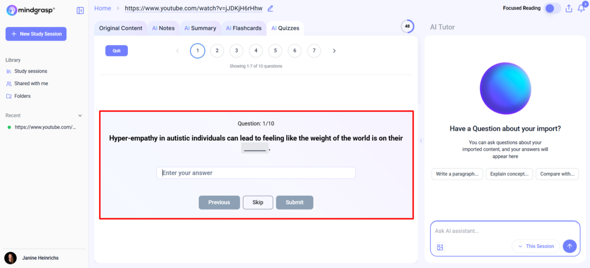 A quiz generated with Mindgrasp.