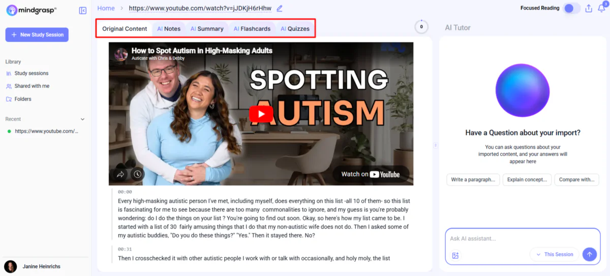 The AI study tools available on Mindgrasp AI.