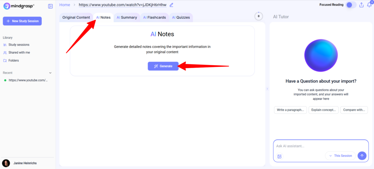 Generating AI notes with Mindgrasp.