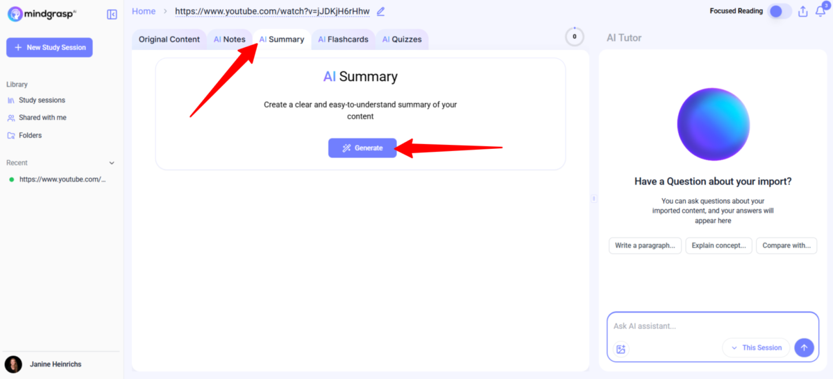 Generating an AI summary with Mindgrasp.