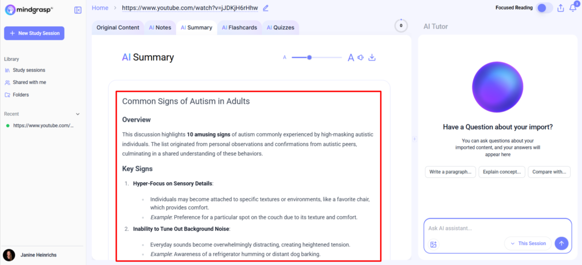 Generating an AI summary of content uploaded to Mindgrasp.