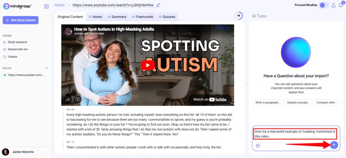 Asking Mindgrasp's AI Tutor a question.