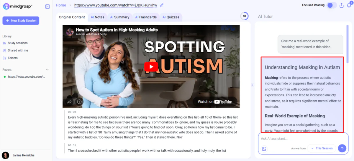 Asking Mindgrasp's AI Tutor a question about the content.