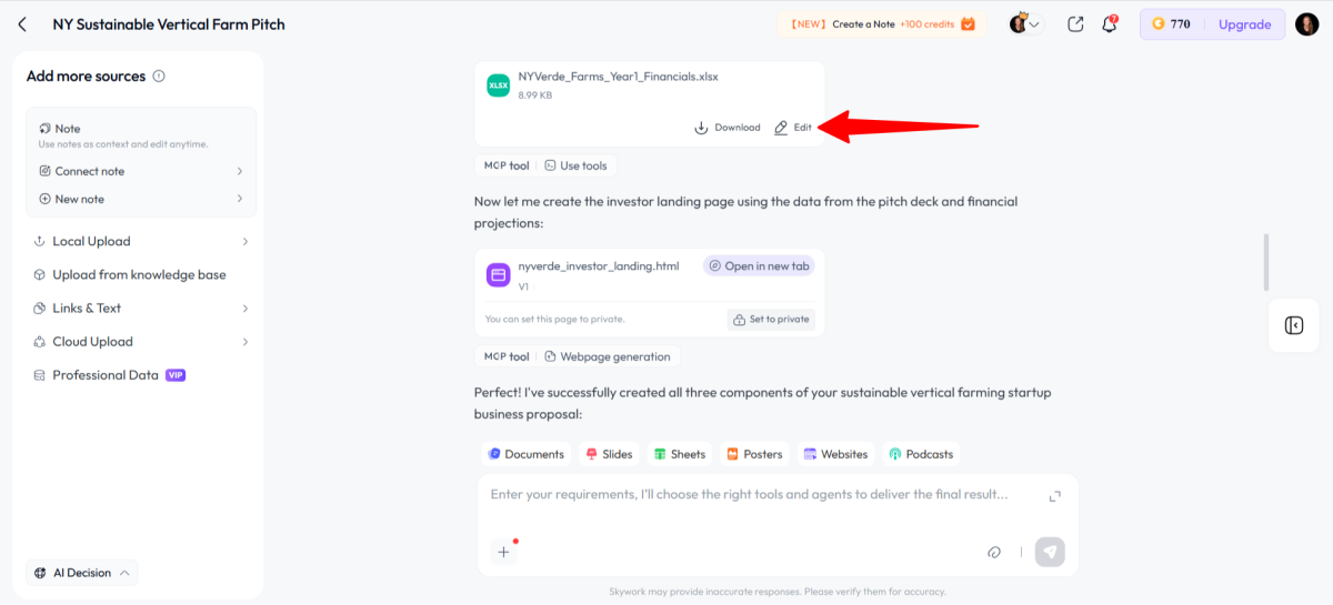 Editing the spreadsheet generated with Skywork AI.