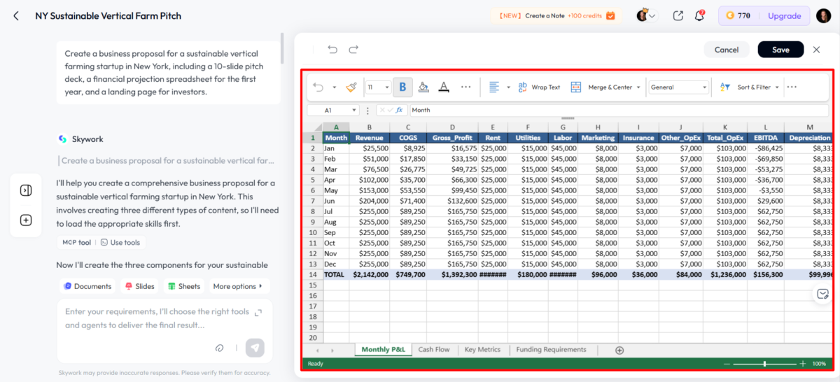 Viewing and editing the spreadsheet generated with Skywork AI.