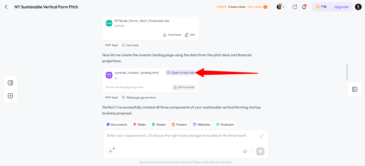 Opening the investor landing page generated with Skywork AI in a new tab.