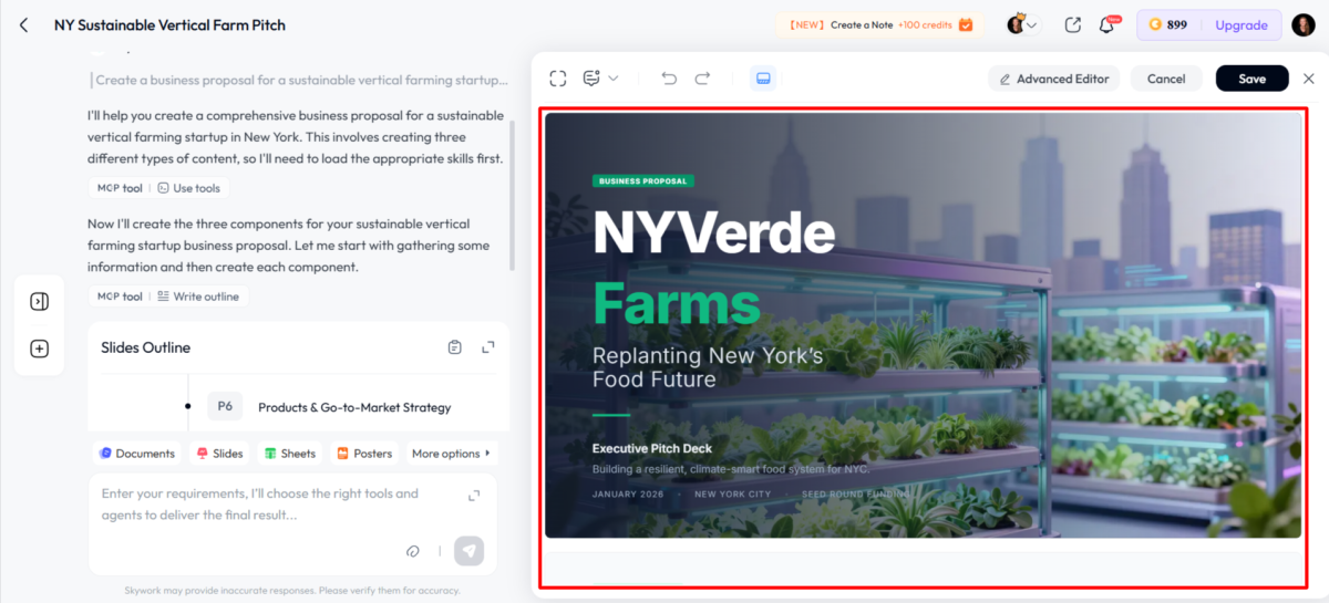 Editing a pitch deck generated with Skywork AI.