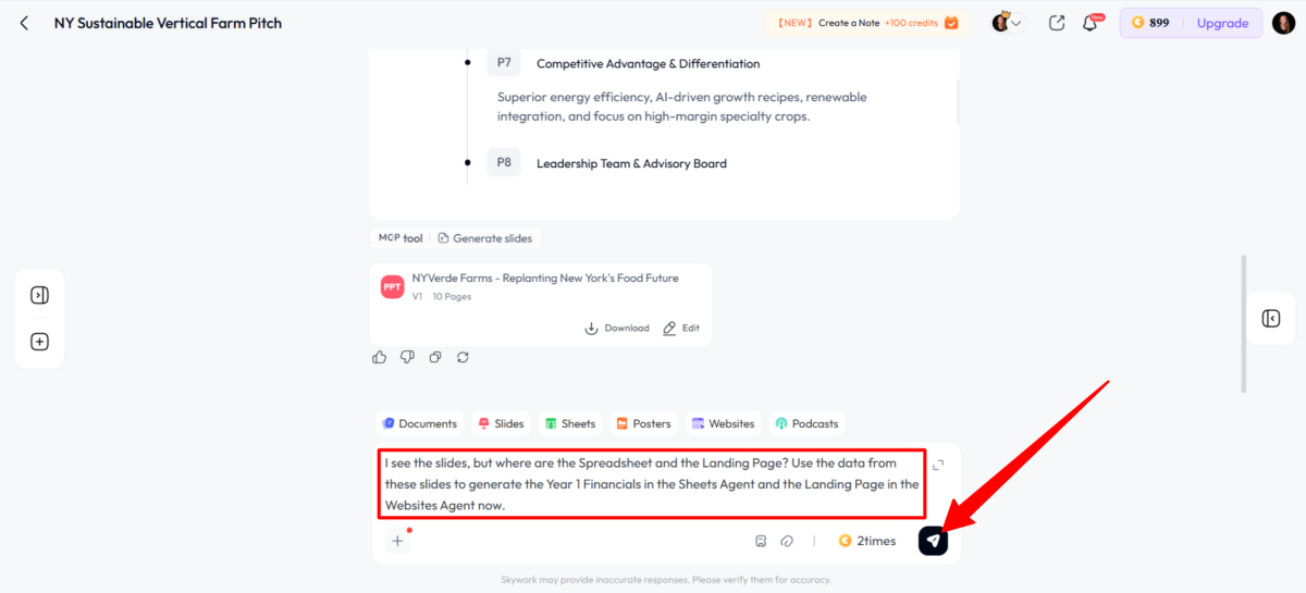 Generating a spreadsheet and landing page with Skywork.