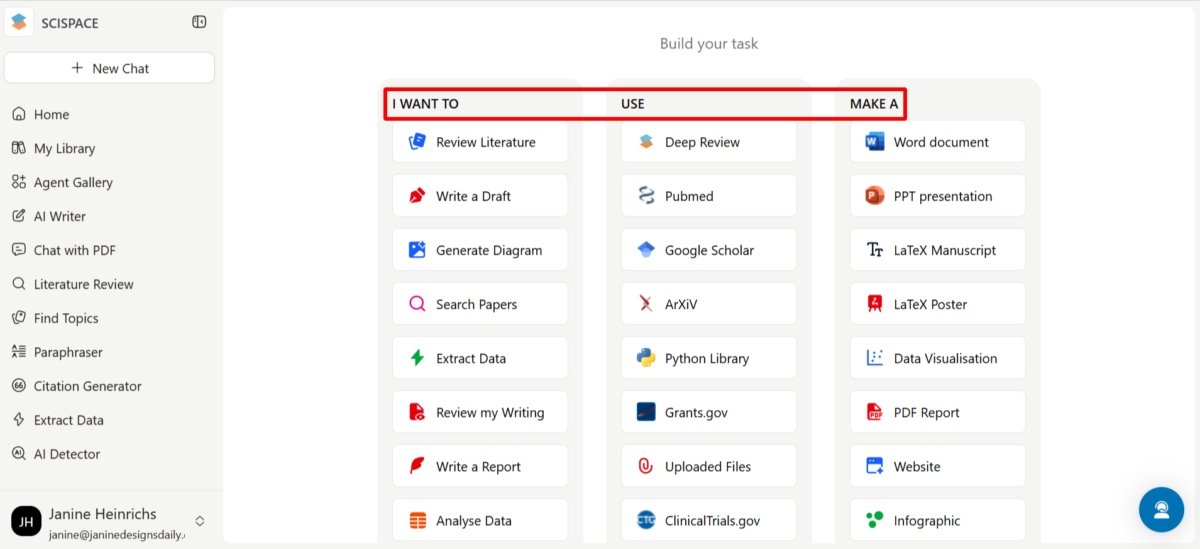 Building a task with SciSpace.