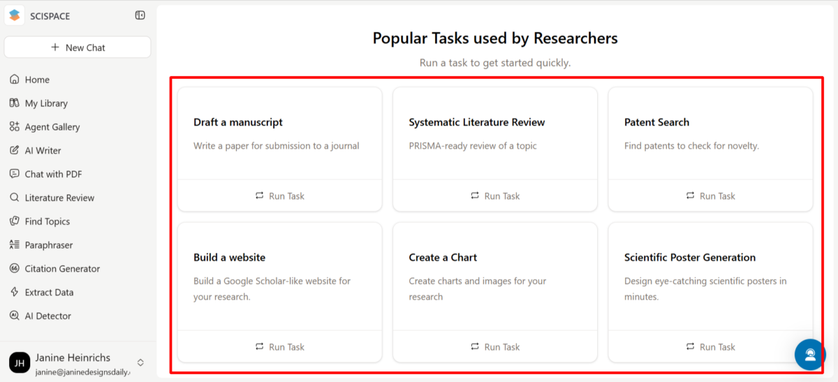Popular tasks used by researchers with SciSpace.