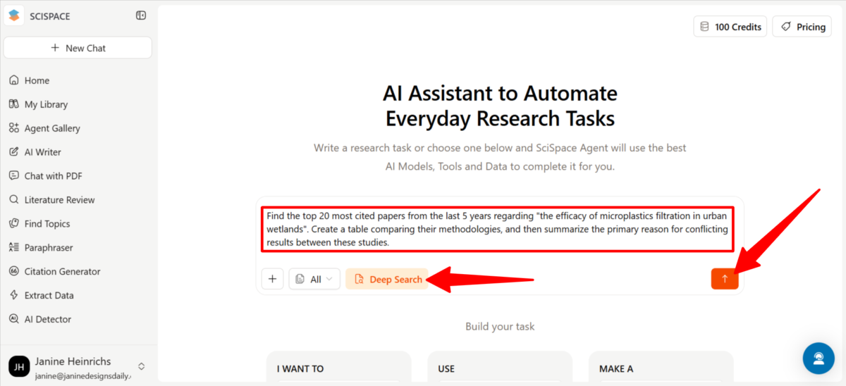 Giving SciSpace a prompt to do deep research.