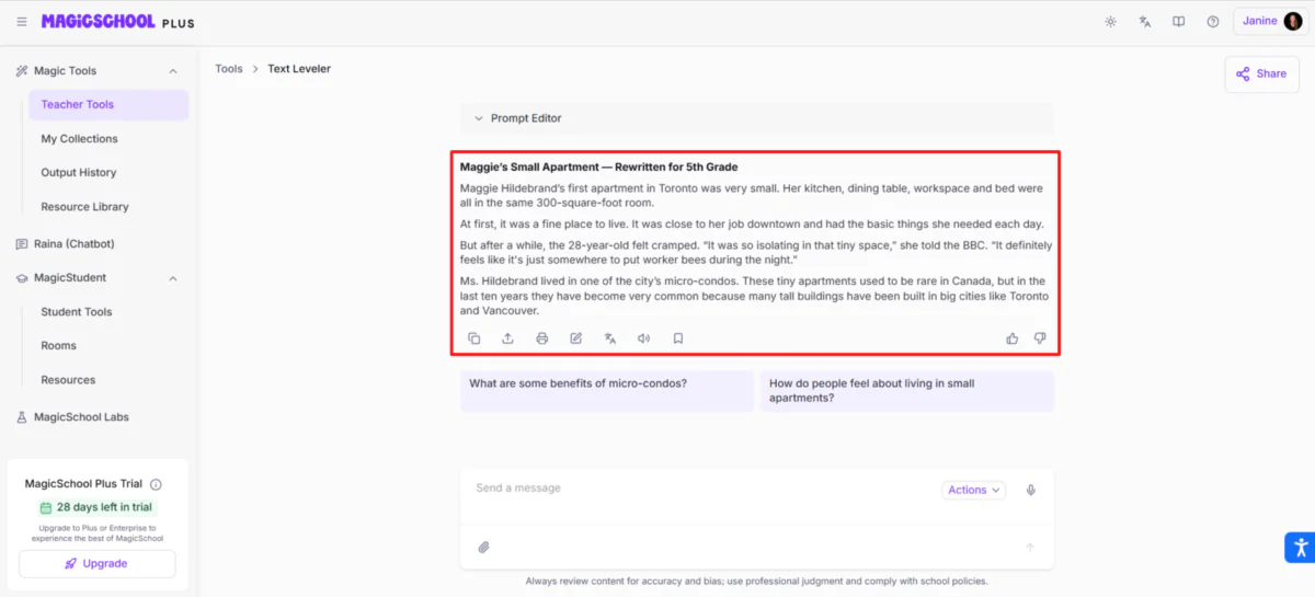 Omskrivning af tekst til femte klasses niveau med MagicSchool AI.