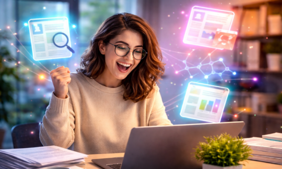 A girl with brown hair and glasses enthusiastically using the an AI research tool on a laptop.
