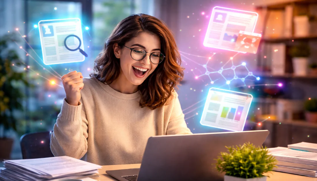 A girl with brown hair and glasses enthusiastically using the an AI research tool on a laptop.