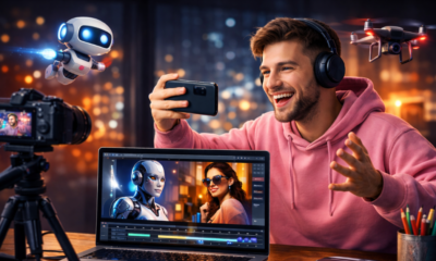 A man wearing a pink sweater making a viral video in minutes with AI.