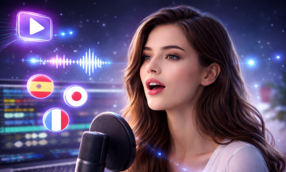 A woman with brown hair speaking into a microphone in different languages with a laptop behind her.