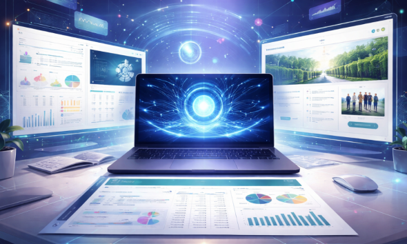 Una herramienta de inteligencia artificial en una computadora portátil que genera una presentación, una hoja de cálculo y un sitio web.