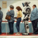 Chroma (via Krita AI Diffusion) – AI-generated image. 'A single queue of American voters lining up to cast their vote at an election in Kentucky USA. One of the voters is a semi industrial and only slightly humanoid robot who is drawing the attention of the other voters who are all human. Stock image.'