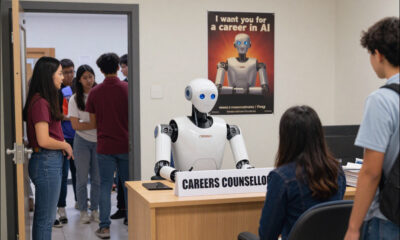 AI-generated image, by Z-Image Turbo V1 via Krita Diffusion. Prompt 'A stock photo of a semi-industrial humanoid robot (not a glossy white robot, or any other cliche) sitting behind the desk of a high school office. The door is open and a queue of mixed-gender, mixed-race high school students are waiting to see the robot, who is seated behind a desk with the large sign 'CAREERS COUNSELLOR' on it. Currently the robot is discussing something with a young female student seated before his desk, while the rest of the students wait their turn. Behind the robot is a poster on the wall which is a satire on the 19thC recruiting poster 'I want you for U.S. Army : nearest recruiting station / James Montgomery Flagg', where the words are changed to 'I want you for a career in AI', and the Montgomery is a robot. Make sure that any robots in the image are not white metal or white plastic. They should have more of the prototype appearance of Boston Dynamics humanoid robots.'