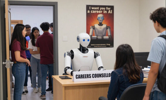 AI-generated image, by Z-Image Turbo V1 via Krita Diffusion. Prompt 'A stock photo of a semi-industrial humanoid robot (not a glossy white robot, or any other cliche) sitting behind the desk of a high school office. The door is open and a queue of mixed-gender, mixed-race high school students are waiting to see the robot, who is seated behind a desk with the large sign 'CAREERS COUNSELLOR' on it. Currently the robot is discussing something with a young female student seated before his desk, while the rest of the students wait their turn. Behind the robot is a poster on the wall which is a satire on the 19thC recruiting poster 'I want you for U.S. Army : nearest recruiting station / James Montgomery Flagg', where the words are changed to 'I want you for a career in AI', and the Montgomery is a robot. Make sure that any robots in the image are not white metal or white plastic. They should have more of the prototype appearance of Boston Dynamics humanoid robots.'
