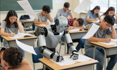 AI-generated image, by Z-Image Turbo (V1) via Krita AI Diffusion. Prompt: 'An American, hot high-school exam room in Texas,, with all the students seated exhausted in the heat, at lines of desks, trying to concentrate on winning their exams. In the center of the picture we focus on an industrial humanoid robot who is filling out the exam papers so quickly that the A$ sheets are flying around its desk in a flurry of activity. Some of the nearby, sweating and exhausted young students are looking at the tireless robot with annoyance and/or jealousy.'
