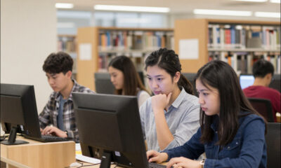 AI-generated image, using Z-Image Turbo via Krita AI diffusion, with the prompt: 'A university library with male and female students engrossed in their computers, stock image'.