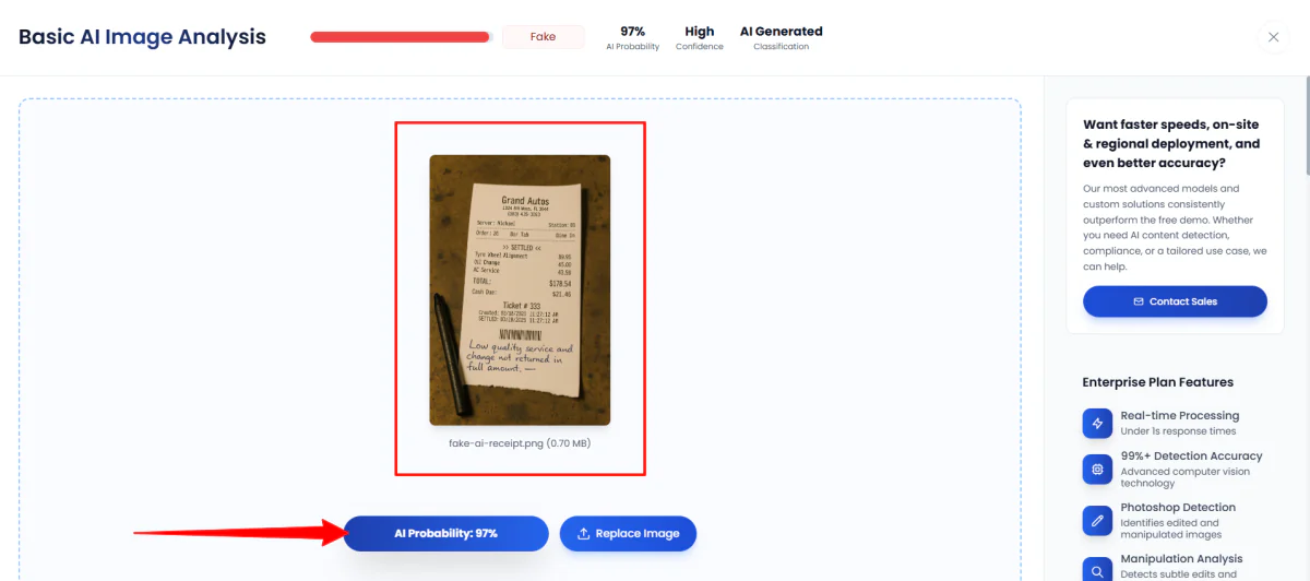 TruthScan identifying an AI-generated receipt as AI-generated.