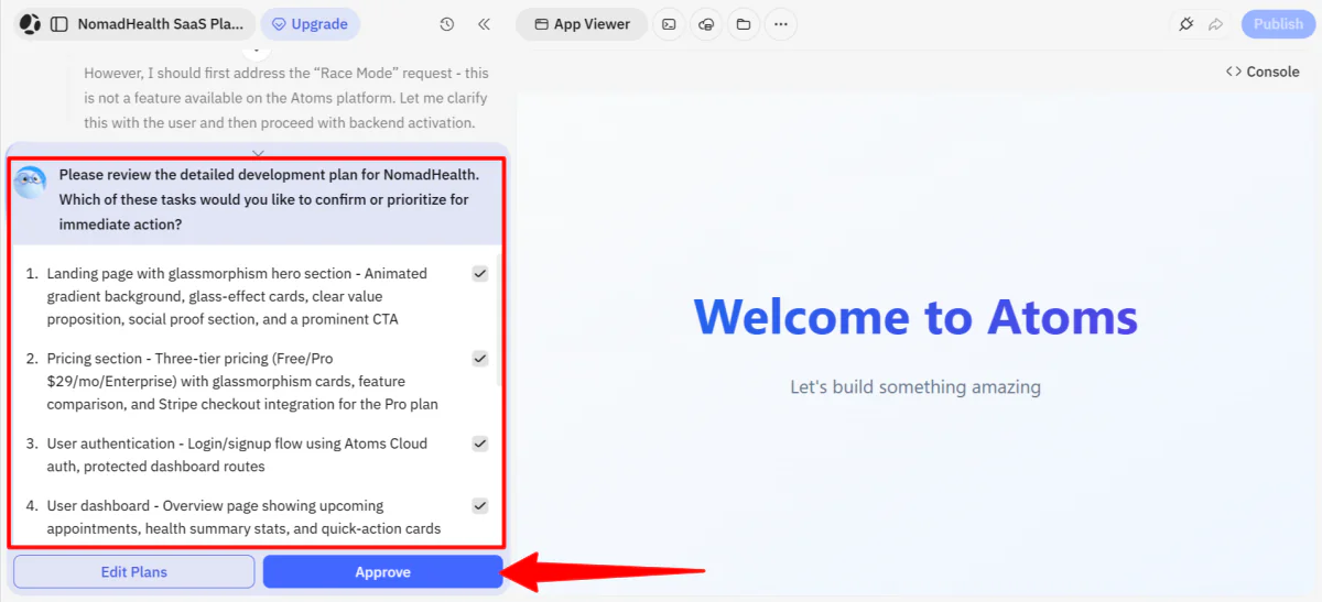 Approving the development plan from Atom's Engineer Agent.