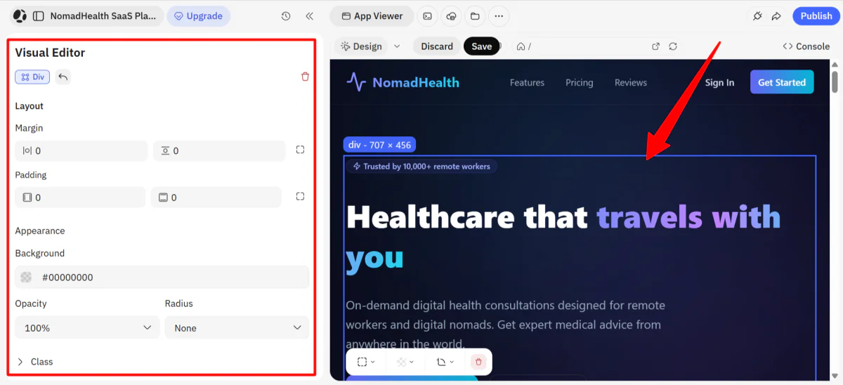 Selecting a div block in the preview to edit with the Visual Editor in Atoms Dev.