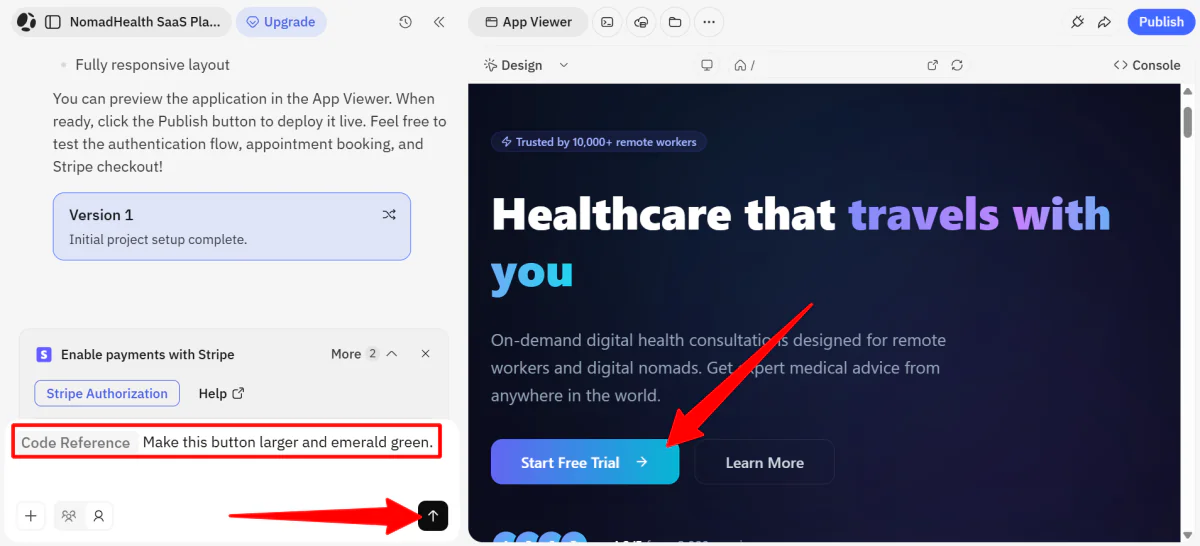 Giving the Atoms chatbot a command to make changes on a website.