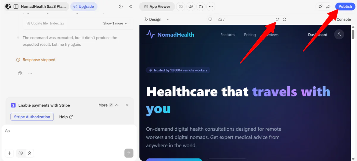 Previewing and publishing a website built with Atoms Dev.