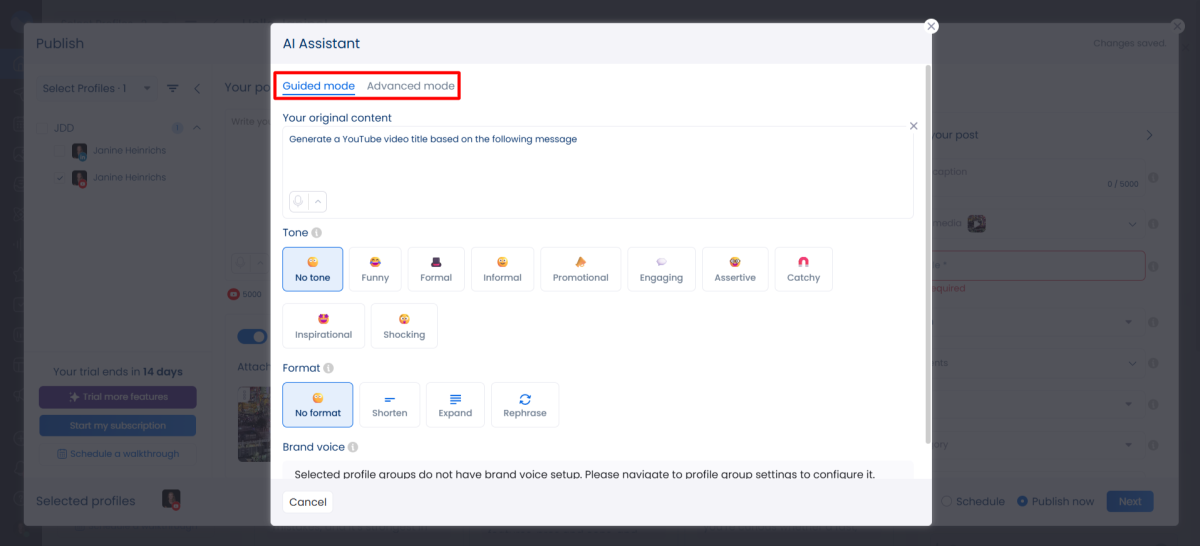 Selecting the mode in Vista Social's AI assistant.