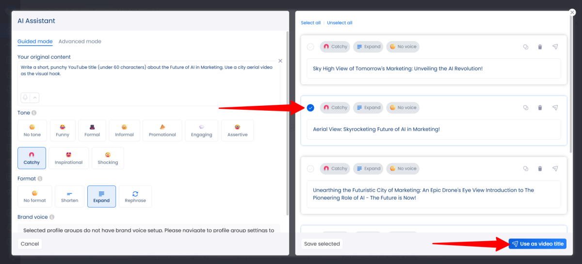 Choosing an AI generated title for a post being created with Vista Social.