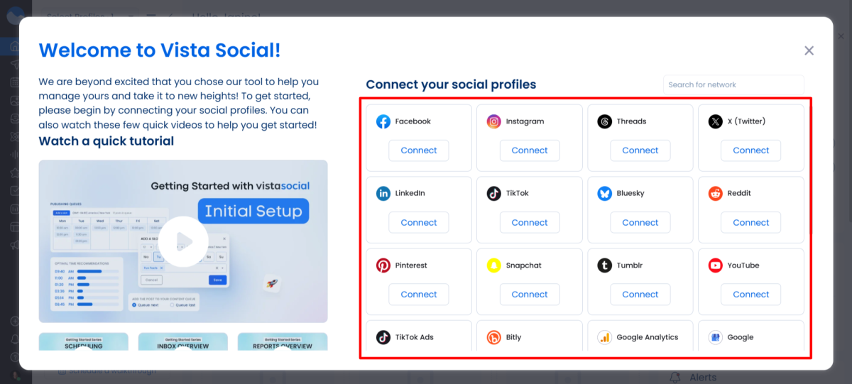 Connecting social profiles on Vista Social.