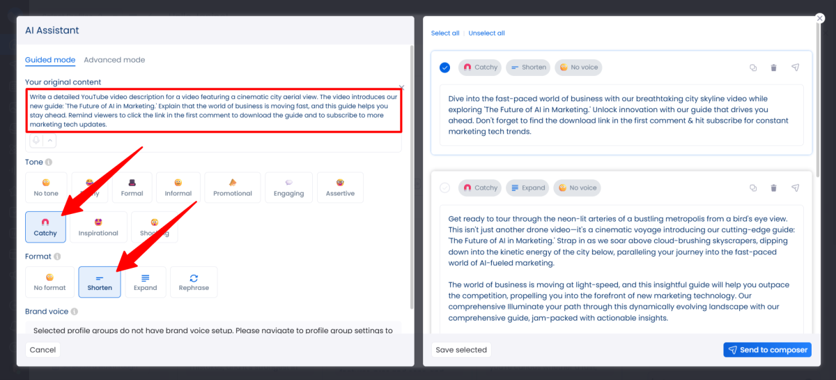 Adding a prompt and choosing a tone and format when creating a YouTube Short with Vista Social.