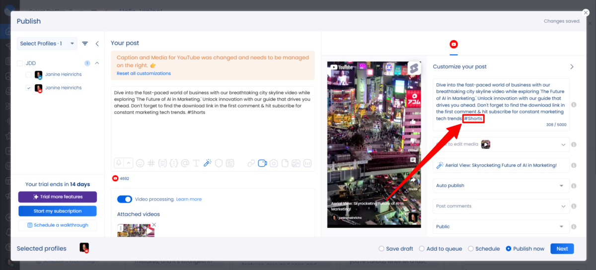 Adding hashtags to a caption on a YouTube Short created with Vista Social. 
