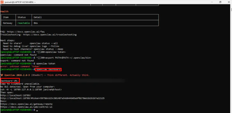 Доступ к URL-адресу панели управления OpenClaw из Ubuntu.