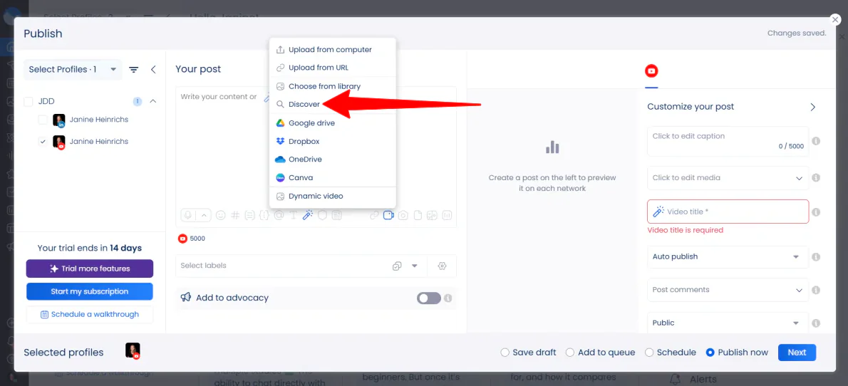 Uploading a video when creating a post with Vista Social.