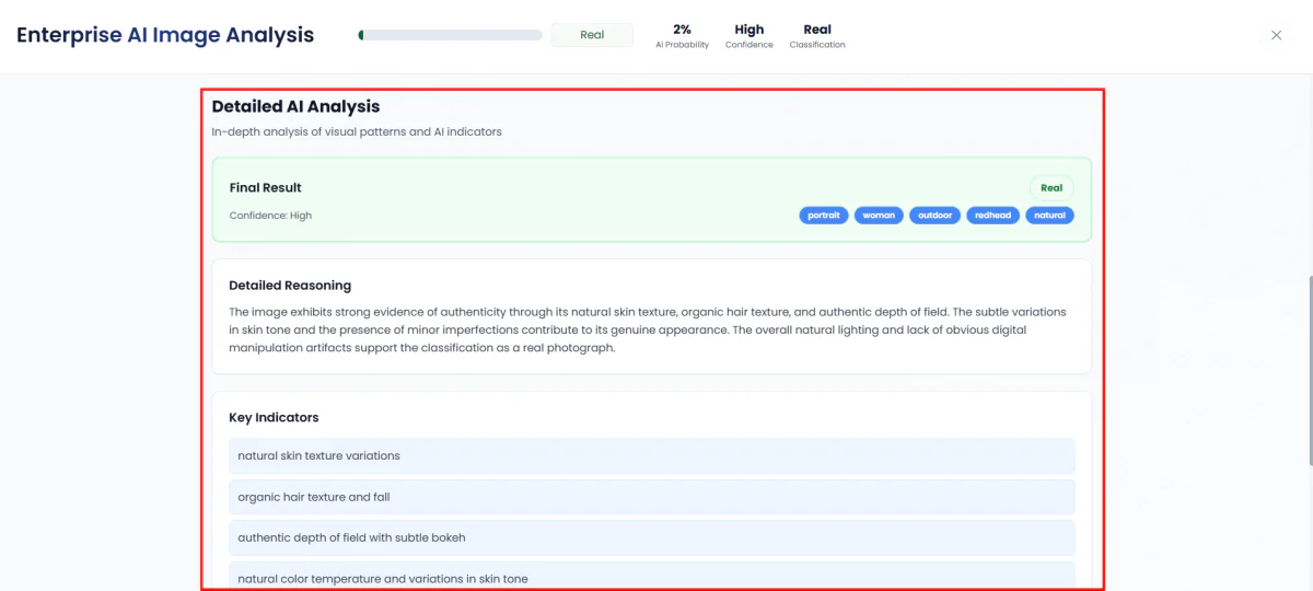 Viewing the detailed analysis of an image uploaded with TruthScan.