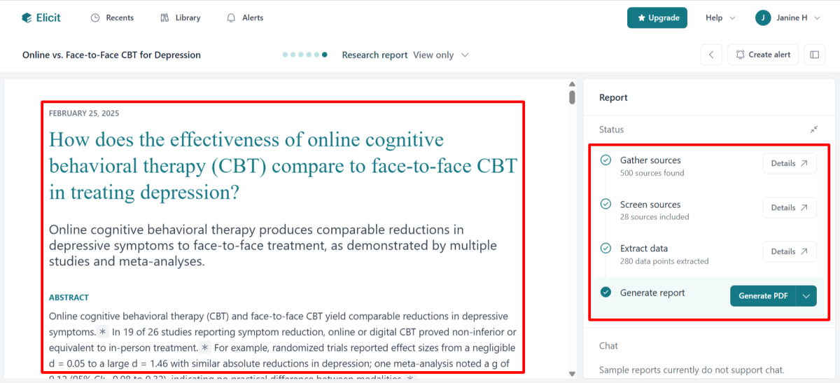 A report and its sources generated with Elicit AI.