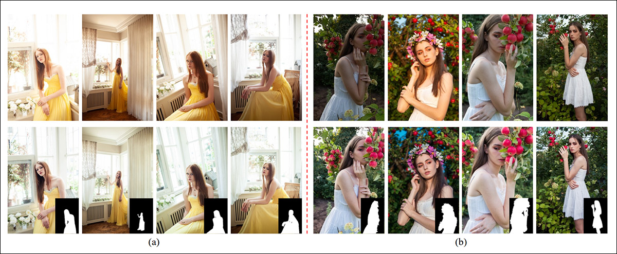 From the paper PPR10K: A Large-Scale Portrait Photo Retouching Dataset with Human-Region Mask and Group-Level Consistency, diverse samples from the dataset. Top row shows the original images, bottom row shows expert-retouched versions along with corresponding human-region masks. The original photos vary widely in viewpoint, background, lighting and camera settings, whereas the retouched results display improved visual quality and stronger consistency within each group. Source - https://arxiv.org/pdf/2105.09180